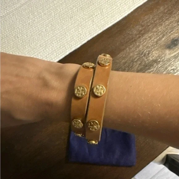 Tory Burch Tan Leather Wrap Bracelet with Gold Accents